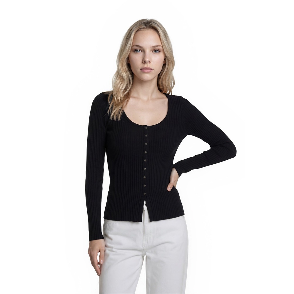 Anthropologie Top Women's Size Small Black Ribbed Snap Front Scoop Neck Shirt